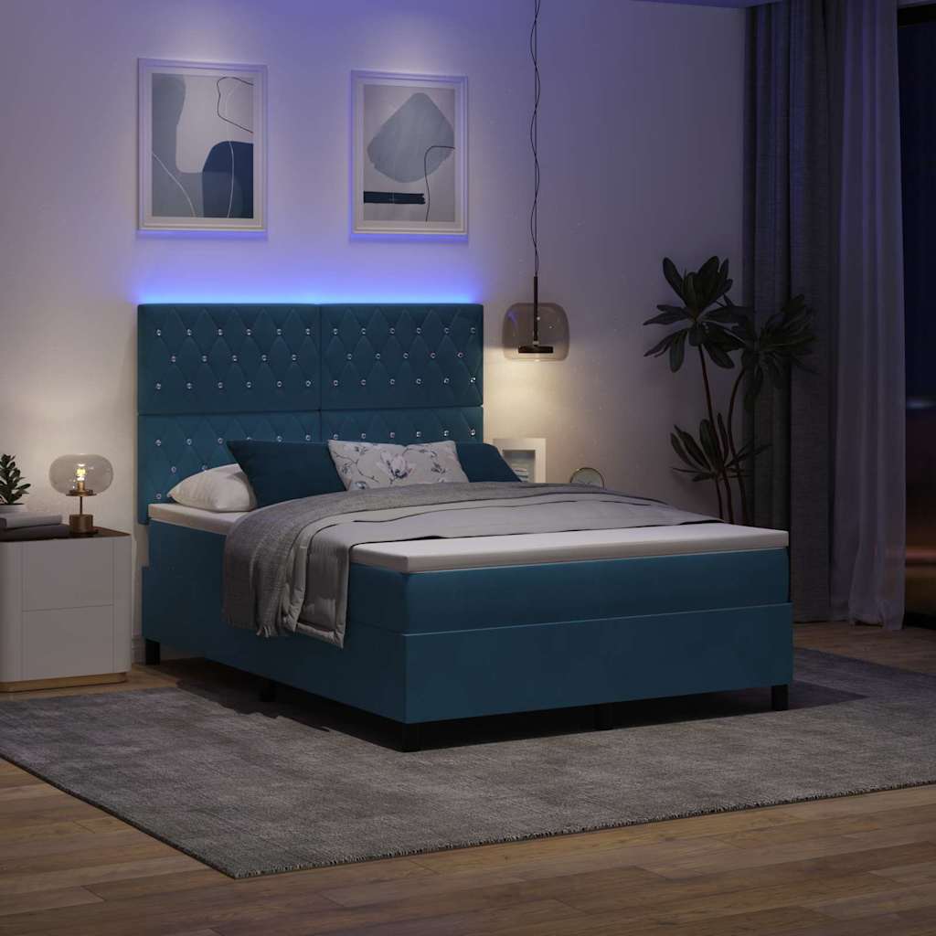 LED Box Spring Bed med madras Mørk blå 140 x 190 cm Fløjl