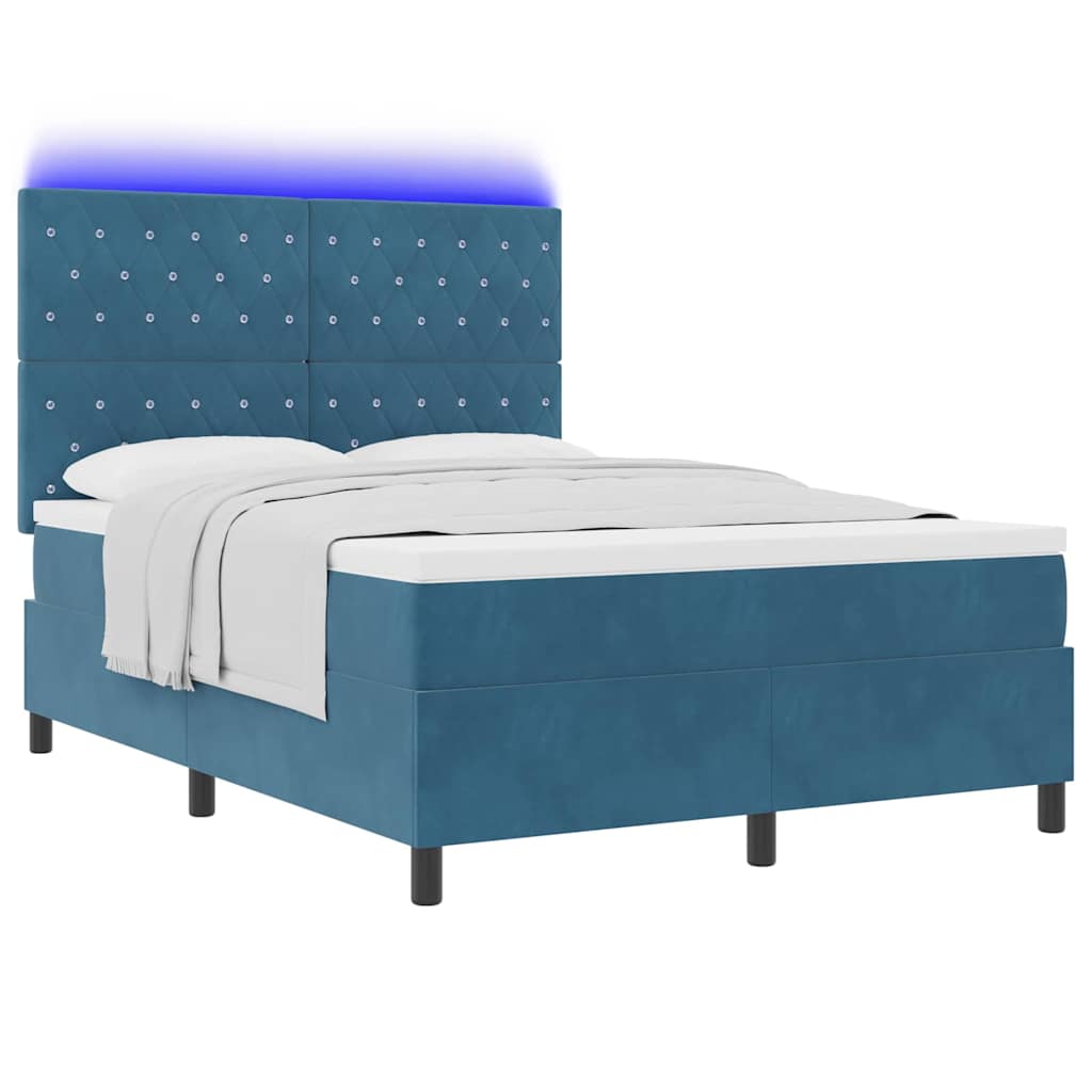 LED Box Spring Bed med madras Mørk blå 140 x 190 cm Fløjl