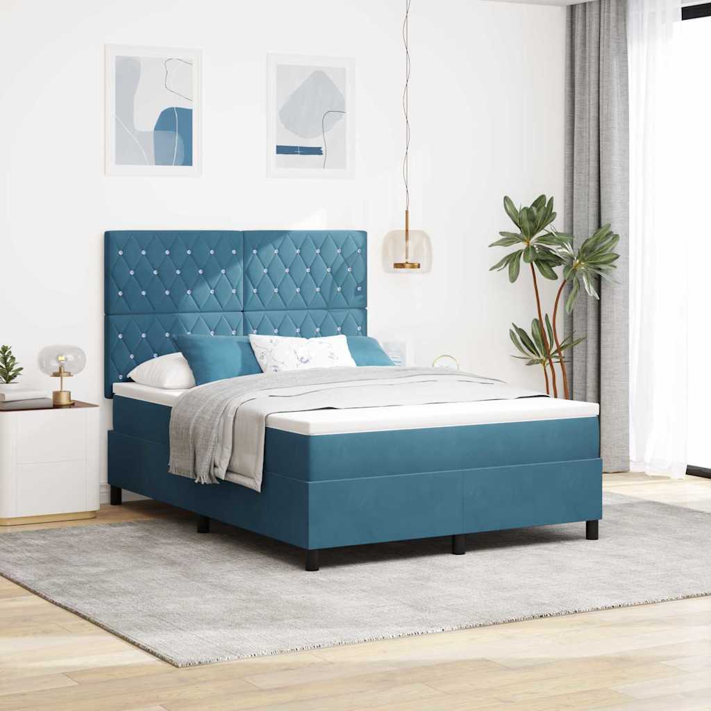 LED Box Spring Bed med madras Mørk blå 140 x 200 cm Fløjl