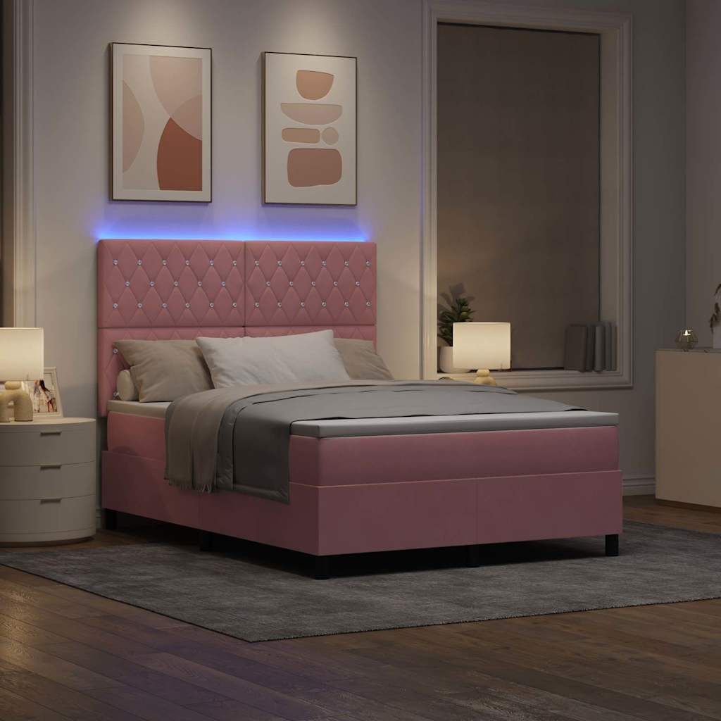 LED Box Spring Bed med madras Lyserød 140 x 200 cm Fløjl