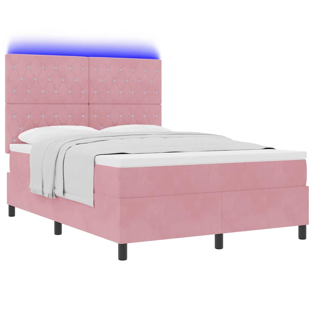 LED Box Spring Bed med madras Lyserød 160 x 200 cm Fløjl