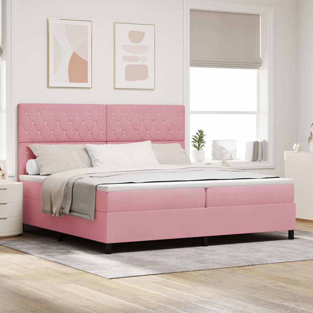 LED Box Spring Bed med madras Lyserød 200 x 200 cm Fløjl