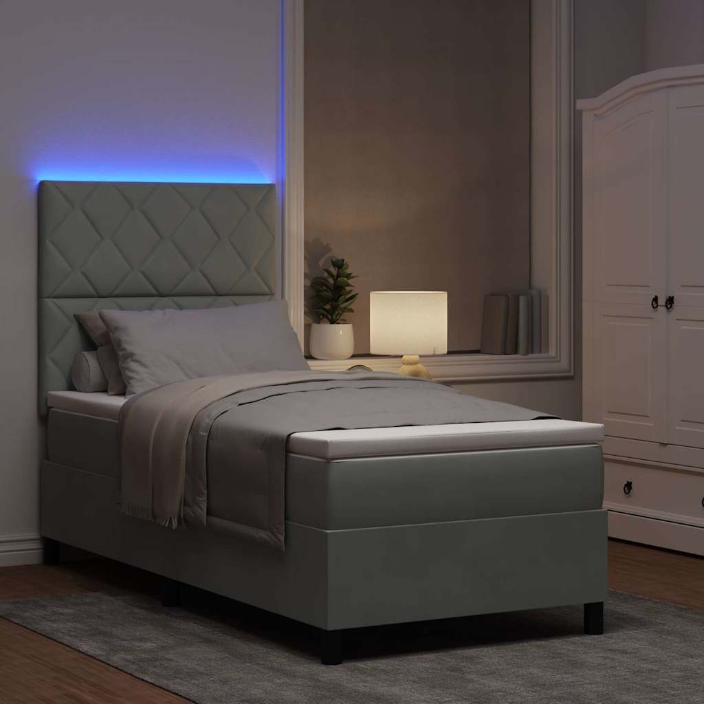 LED Box Spring Bed med hovedgærde Lysegrå 90 x 200 cm Fløjl