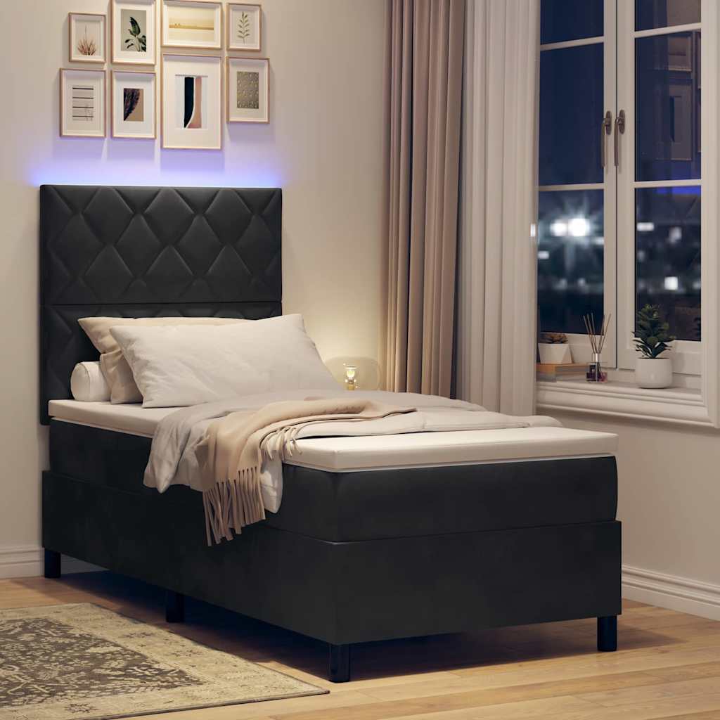 LED Box Spring Bed med hovedgærde Sort 90 x 200 cm Fløjl