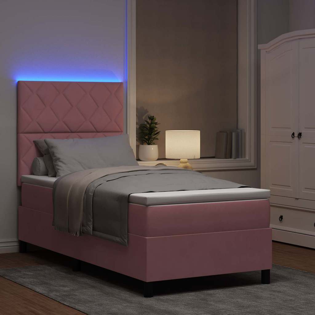 LED Box Spring Bed med hovedgærde Lyserød 100 x 200 cm Fløjl