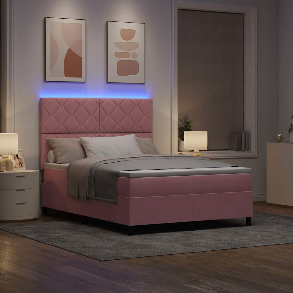 LED Box Spring Bed med hovedgærde Lyserød 160 x 200 cm Fløjl