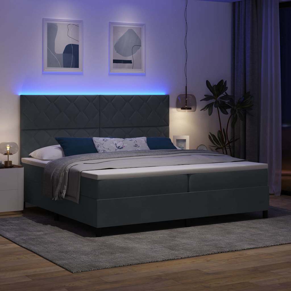 LED Box Spring Bed med hovedgærde Mørkegrå 200 x 200 cm Fløjl
