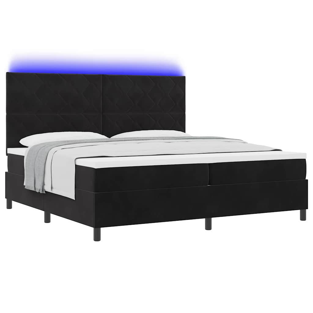 LED Box Spring Bed med hovedgærde Sort 200 x 200 cm Fløjl
