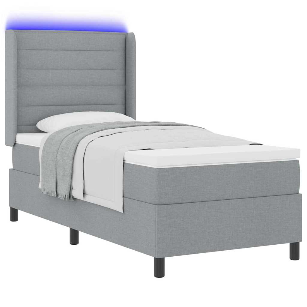 LED Box Spring Bed med madras Lysegrå 90 x 190 cm Stof