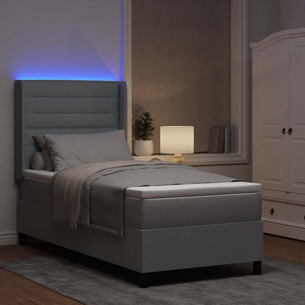 LED Box Spring Bed med madras Lysegrå 90 x 200 cm Stof