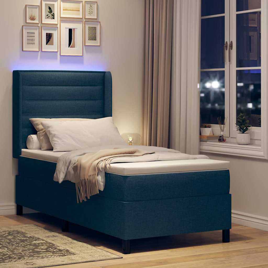 LED Box Spring Bed med madras Blå 100 x 200 cm Stof