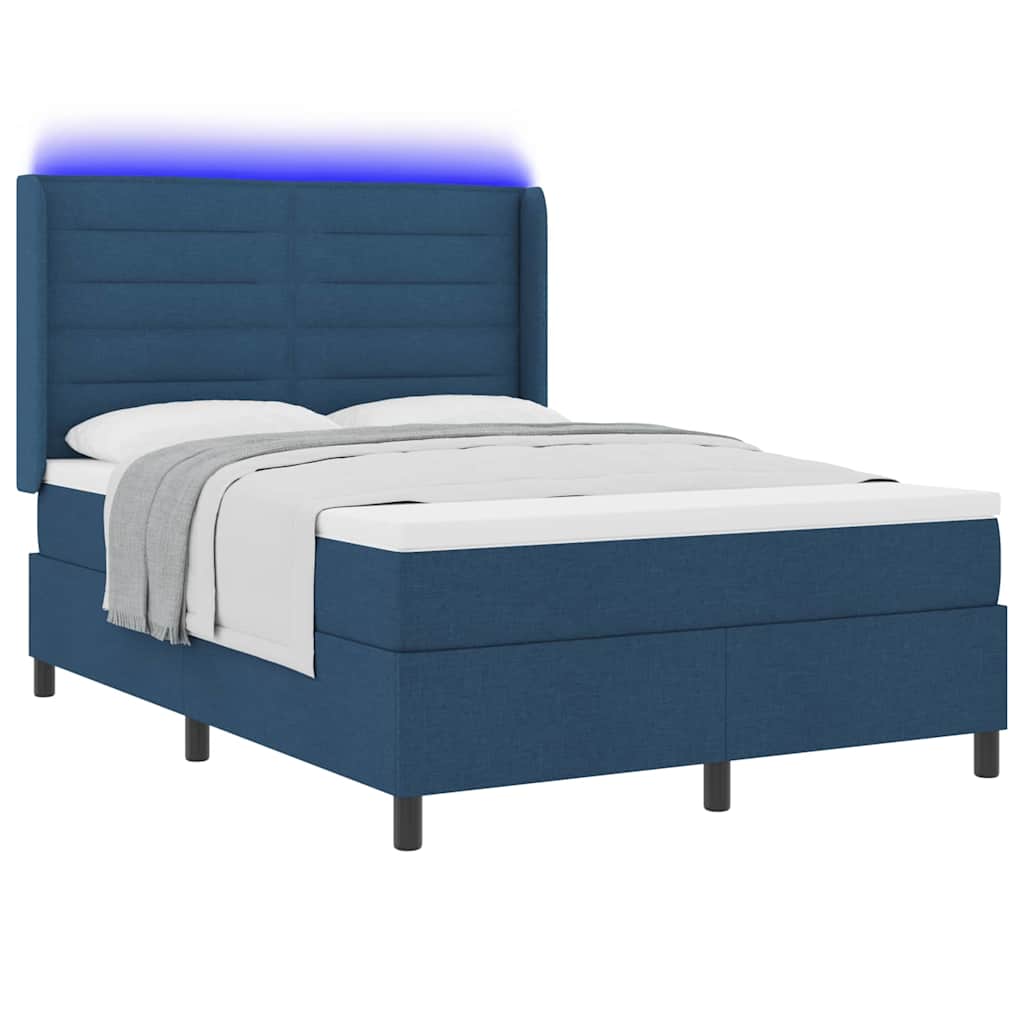 LED Box Spring Bed med hovedgærde Blå 140 x 190 cm Stof
