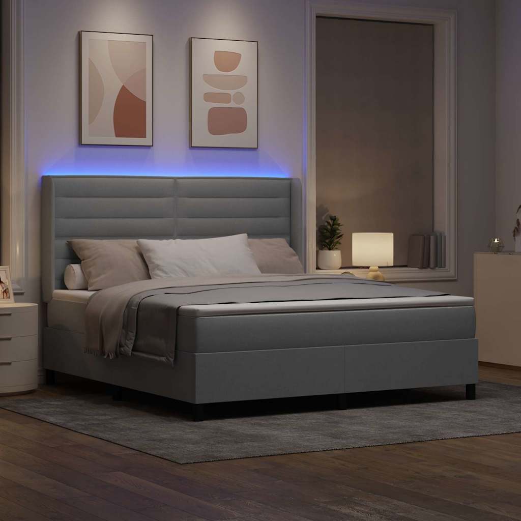 LED Box Spring Bed med madras Lysegrå 180 x 200 cm Stof