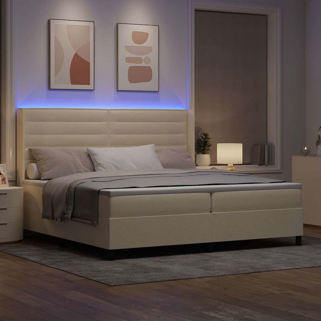 LED Box Spring Bed med madras Creme 200 x 200 cm Stof