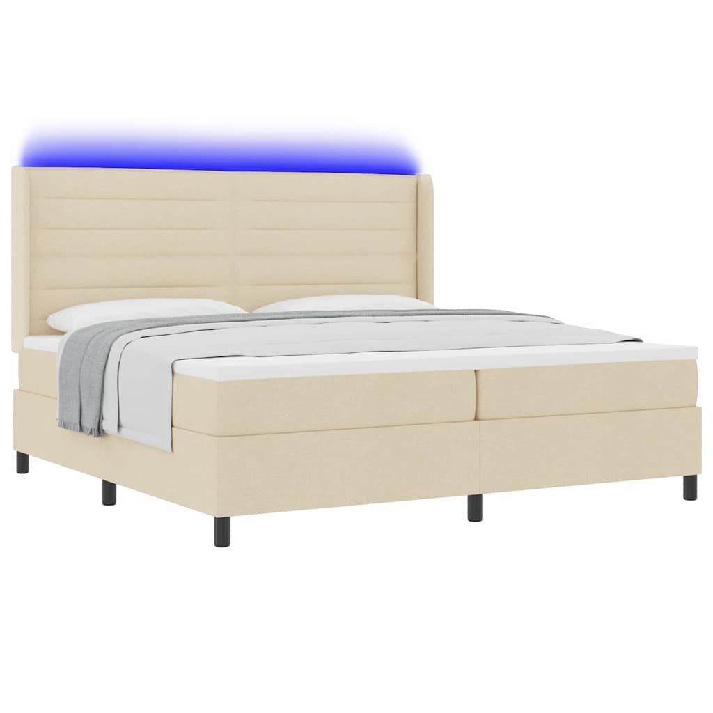 LED Box Spring Bed med madras Creme 200 x 200 cm Stof