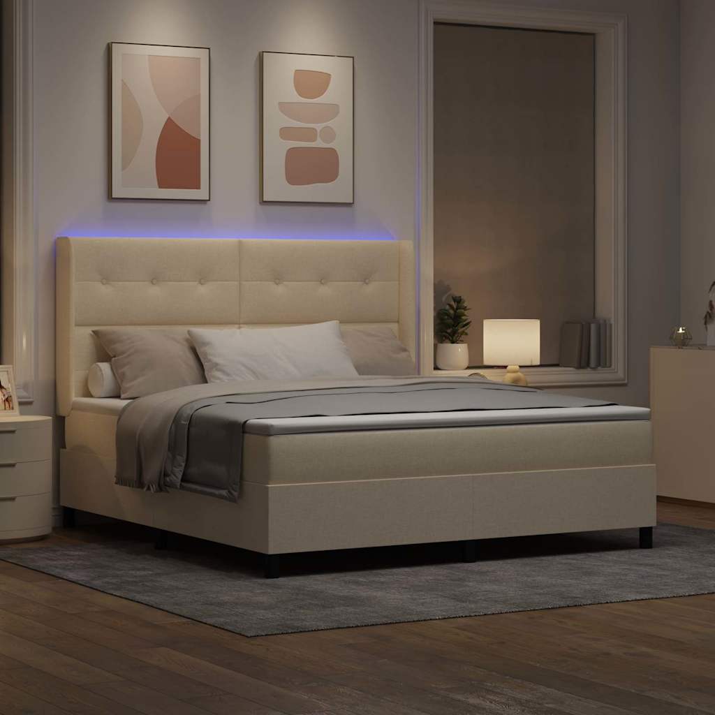 LED Box Spring Bed med hovedgærde Creme 180 x 200 cm Stof