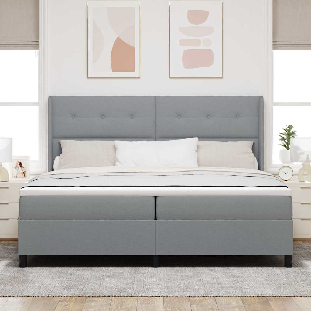 LED Box Spring Bed med hovedgærde Lysegrå 200 x 200 cm Stof