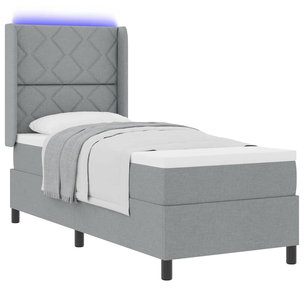 LED Box Spring Bed med hovedgærde Lysegrå 90 x 190 cm Stof