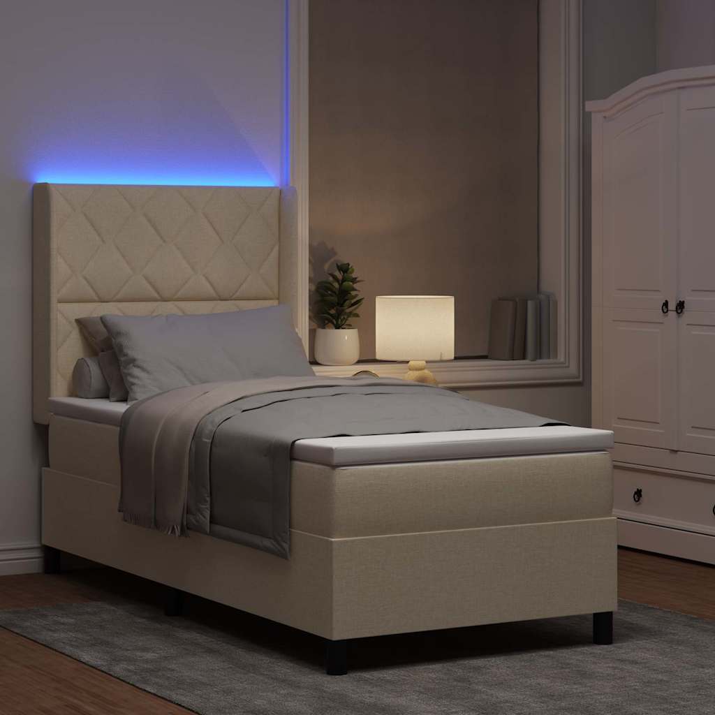 LED Box Spring Bed med hovedgærde Creme 90 x 200 cm Stof