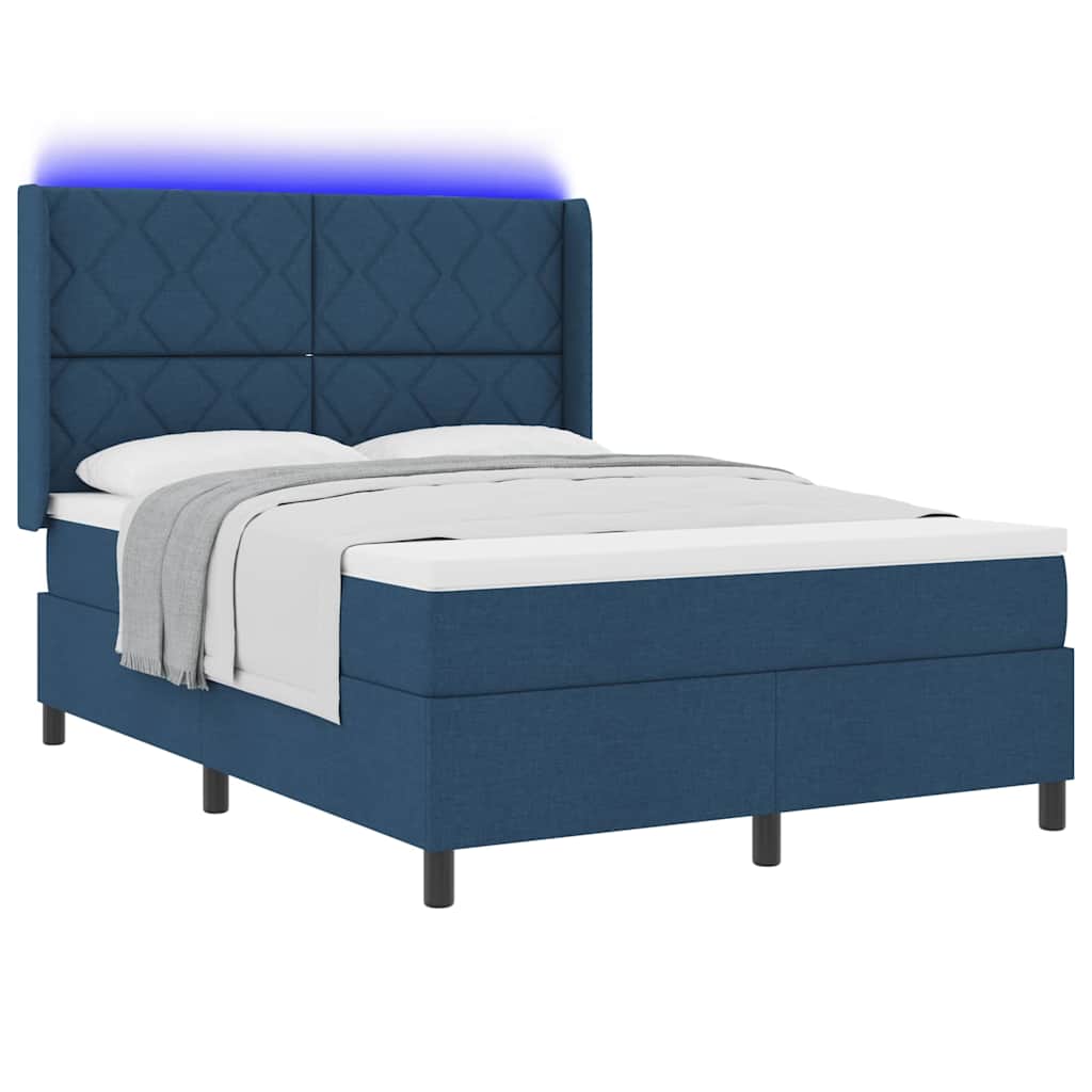 LED Box Spring Bed med hovedgærde Blå 140 x 190 cm Stof