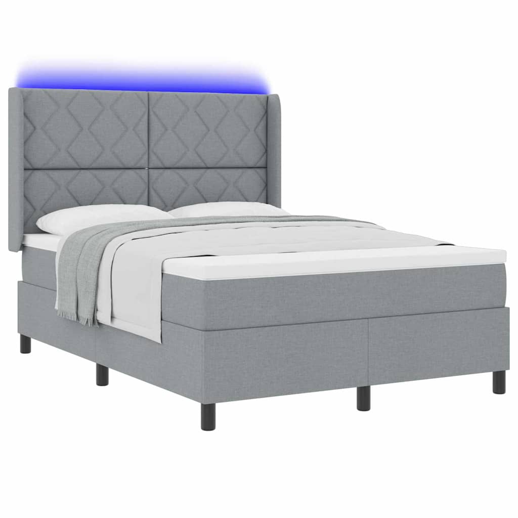 LED Box Spring Bed med hovedgærde Lysegrå 140 x 200 cm Stof