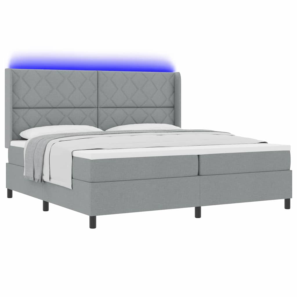 LED Box Spring Bed med hovedgærde Lysegrå 200 x 200 cm Stof