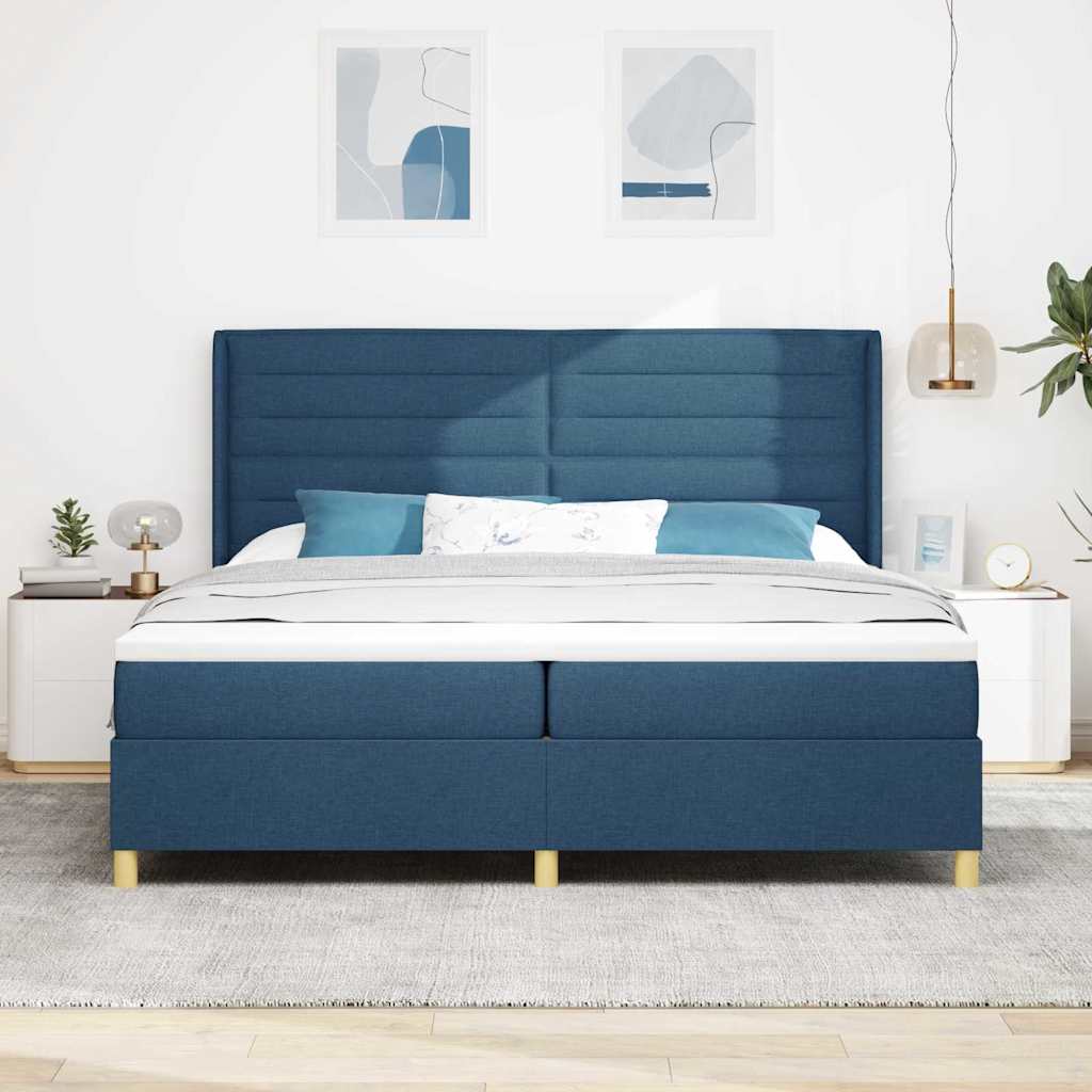 Box spring seng med LED-lysstrimler Blå 200 x 200 cm Stof