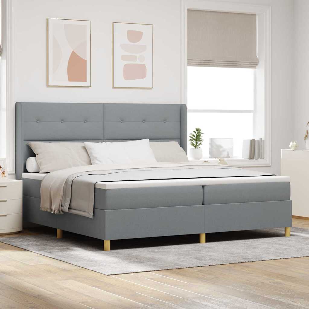 Box spring seng med LED-lysstrimler Lysegrå 200 x 200 cm Stof