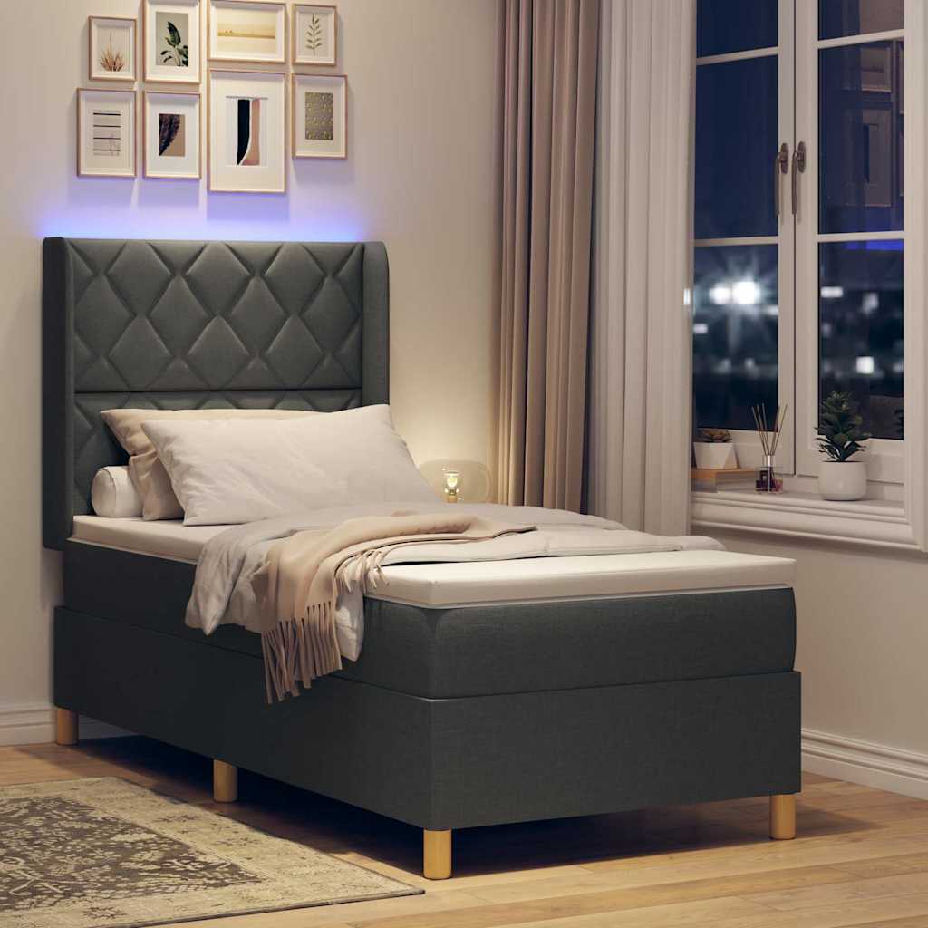 Box spring seng med LED-lysstrimler Grå 90 x 190 cm Stof
