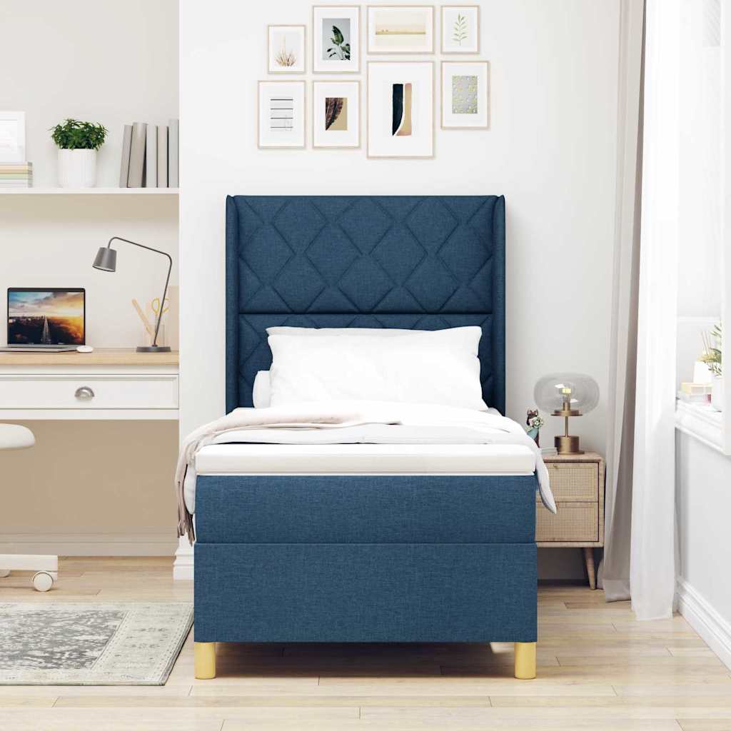 Box spring seng med LED-lysstrimler Blå 90 x 190 cm Stof