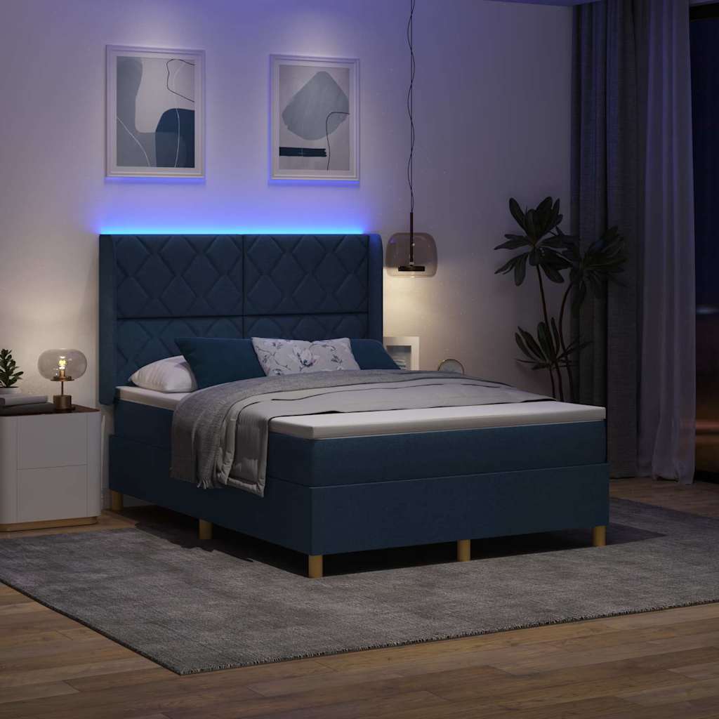 Box spring seng med LED-lysstrimler Blå 140 x 190 cm Stof