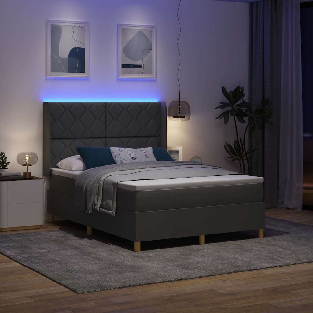 Box spring seng med LED-lysstrimler Grå 140 x 200 cm Stof