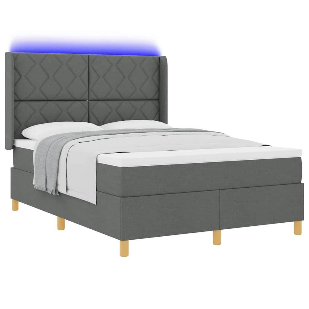 Box spring seng med LED-lysstrimler Grå 140 x 200 cm Stof