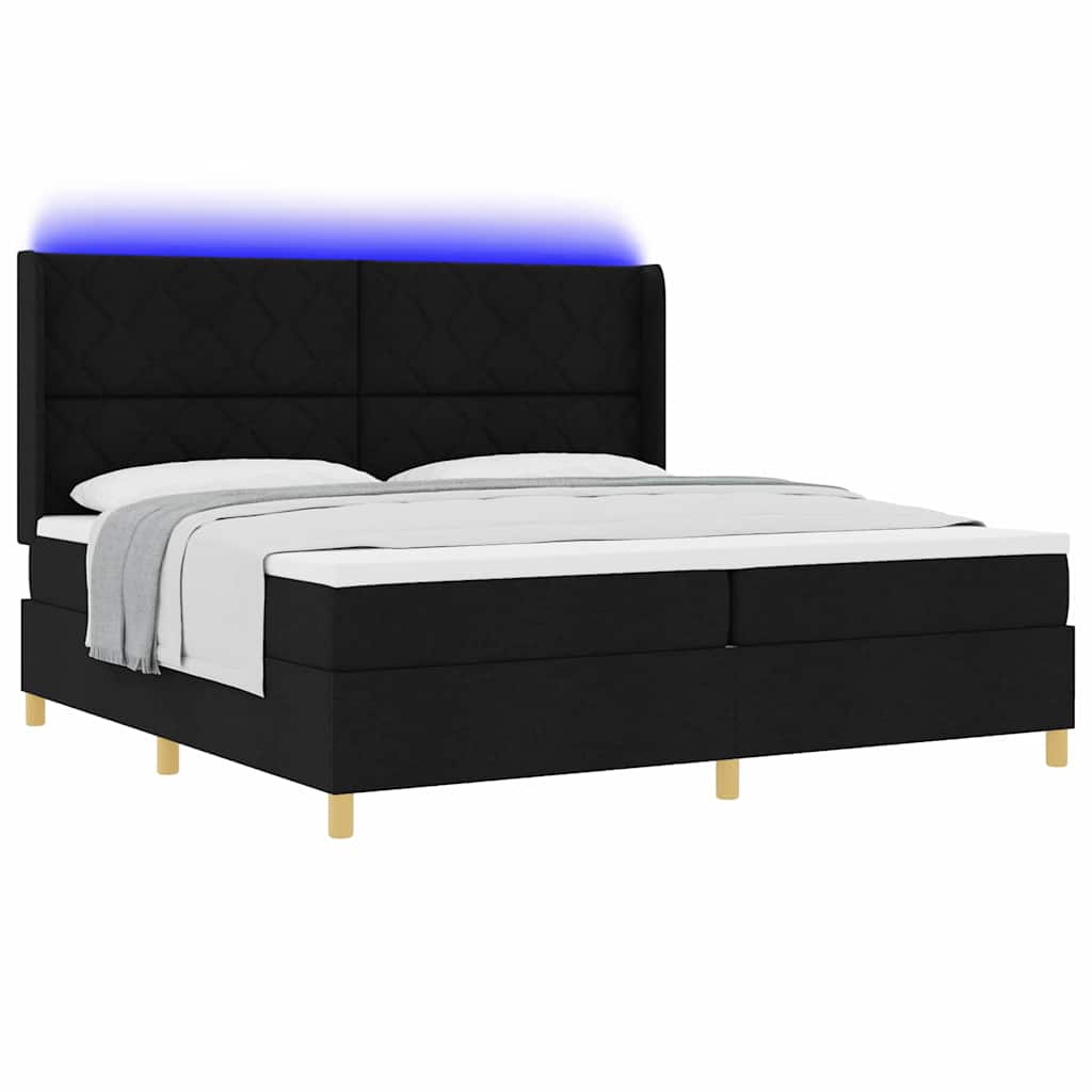 Box spring seng med LED-lysstrimler Sort 200 x 200 cm Stof