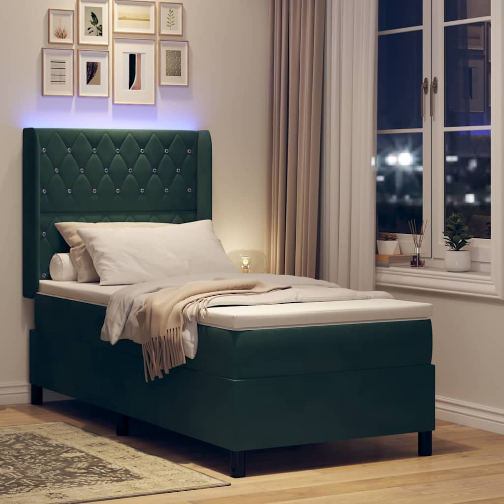 Box spring seng med madras med LED Mørkegrøn 90 x 200 cm Fløjl