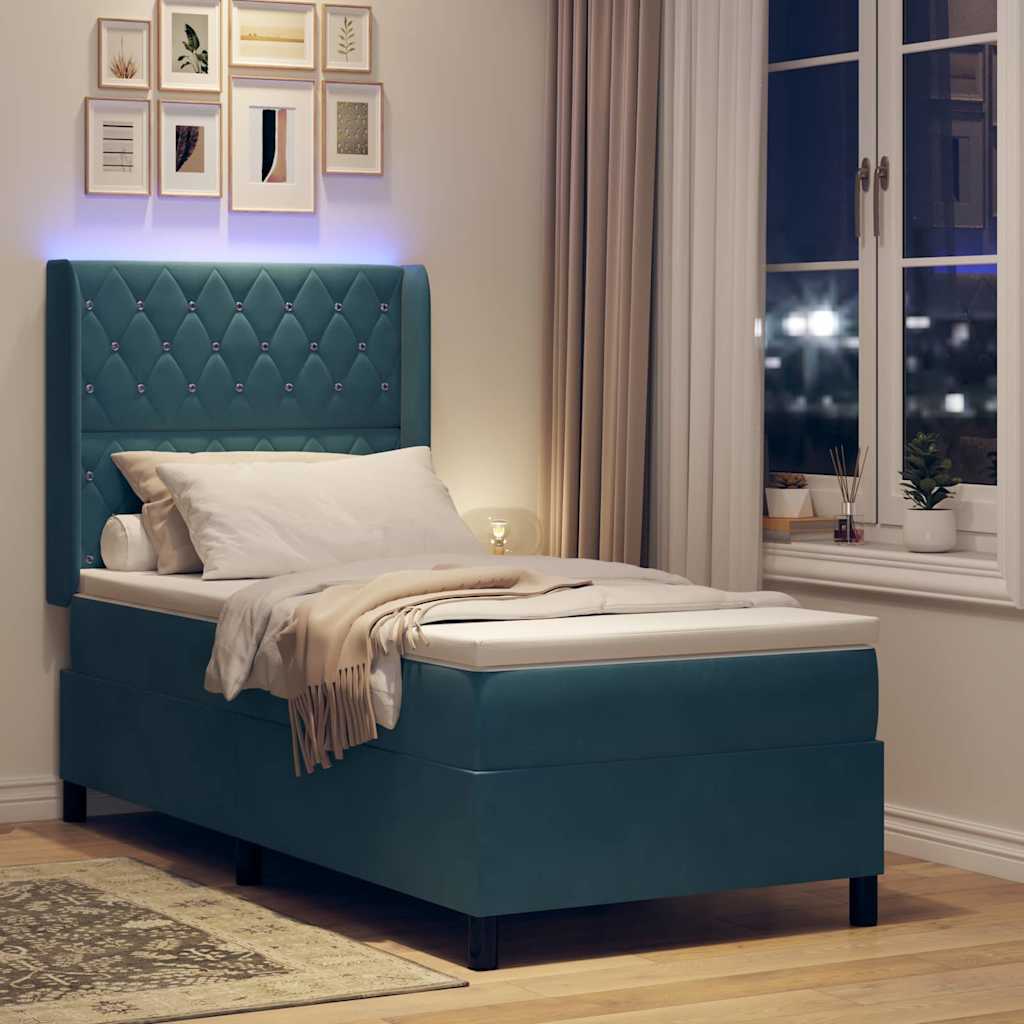 Box spring seng med madras med LED Blå 90 x 200 cm Fløjl