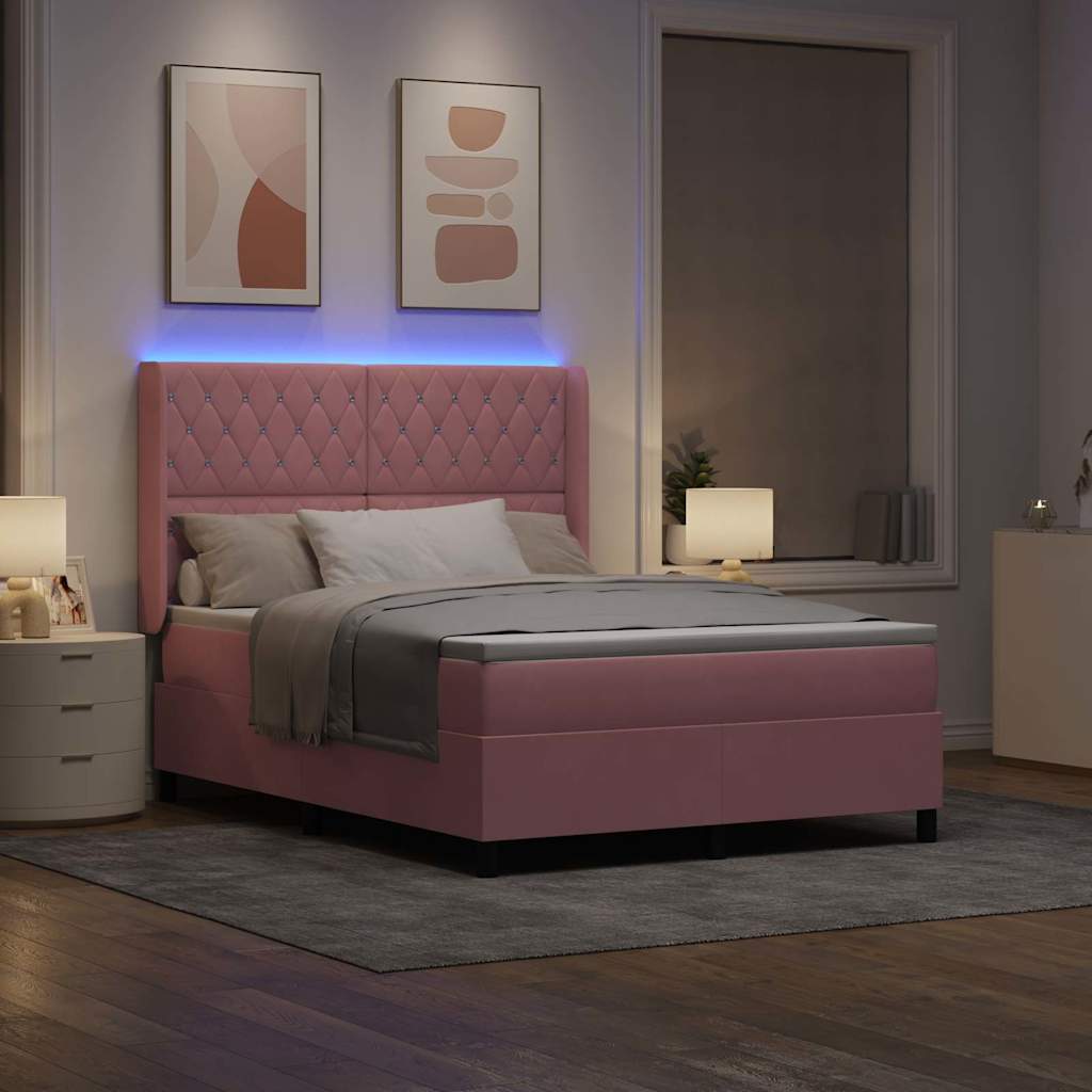 Box spring seng med LED-lysstrimler Lyserød 140 x 190 cm Fløjl