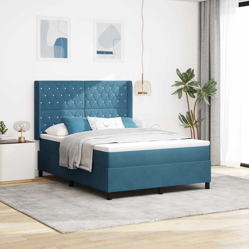 Box spring seng med LED-lysstrimler Blå 140 x 200 cm Fløjl