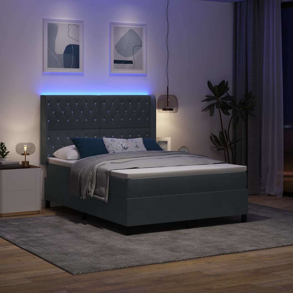 Box spring seng med madras med LED Mørkegrå 160 x 200 cm Fløjl