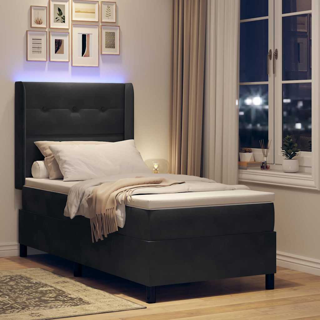 Box spring seng med LED-lysstrimler Sort 90 x 200 cm Fløjl