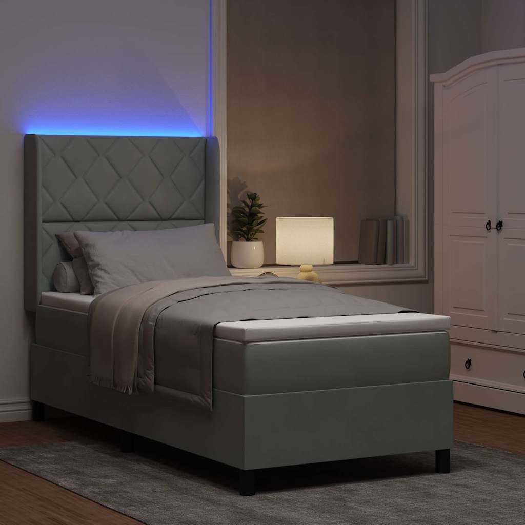 Box spring seng med LED-lysstrimler Lysegrå 90 x 190 cm Fløjl