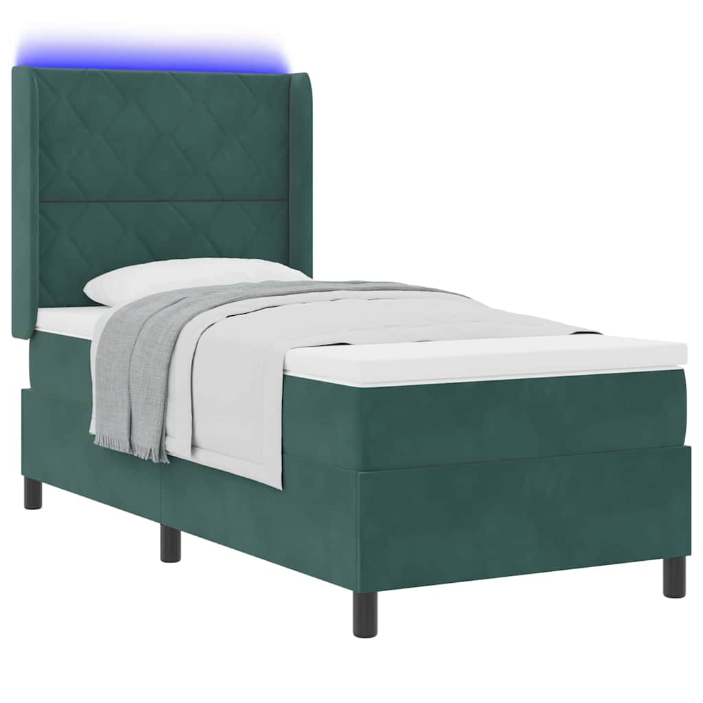 Box spring seng med LED-lysstrimler Mørkegrøn 90 x 190 cm Fløjl
