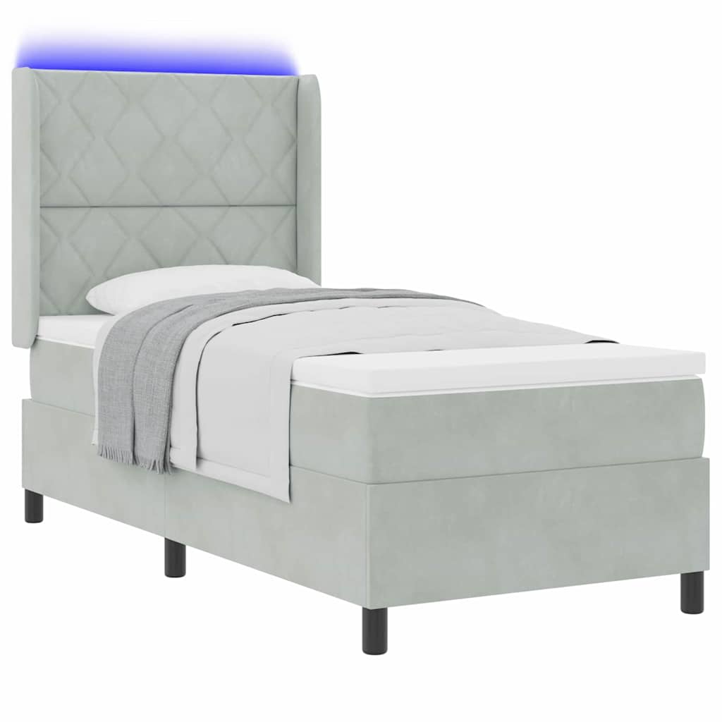 Box spring seng med LED-lysstrimler Lysegrå 90 x 200 cm Fløjl