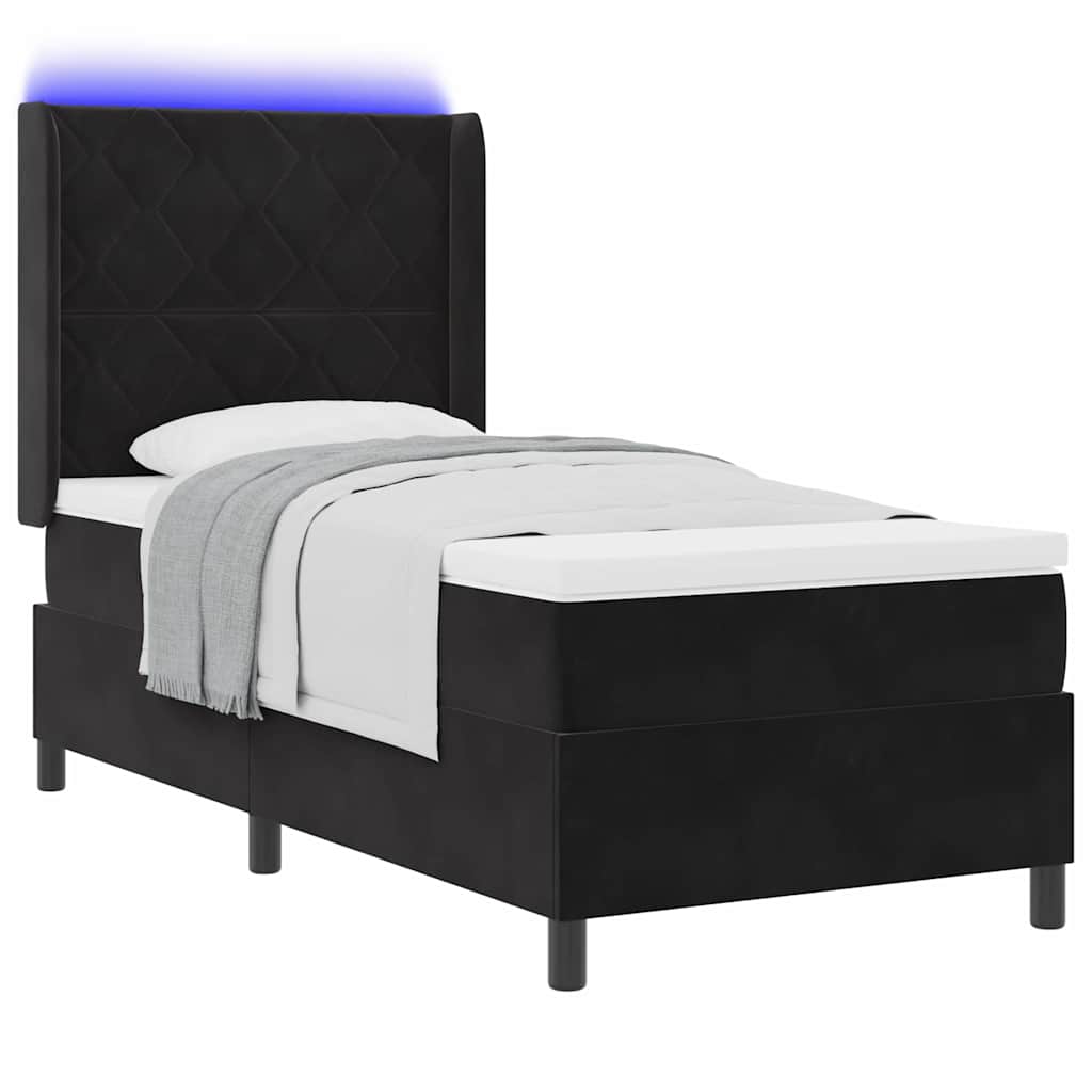 Box spring seng med LED-lysstrimler Sort 90 x 200 cm Fløjl