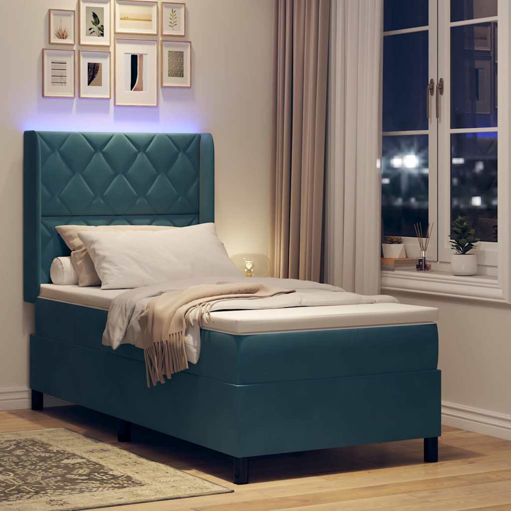 Box spring seng med LED-lysstrimler Blå 90 x 200 cm Fløjl