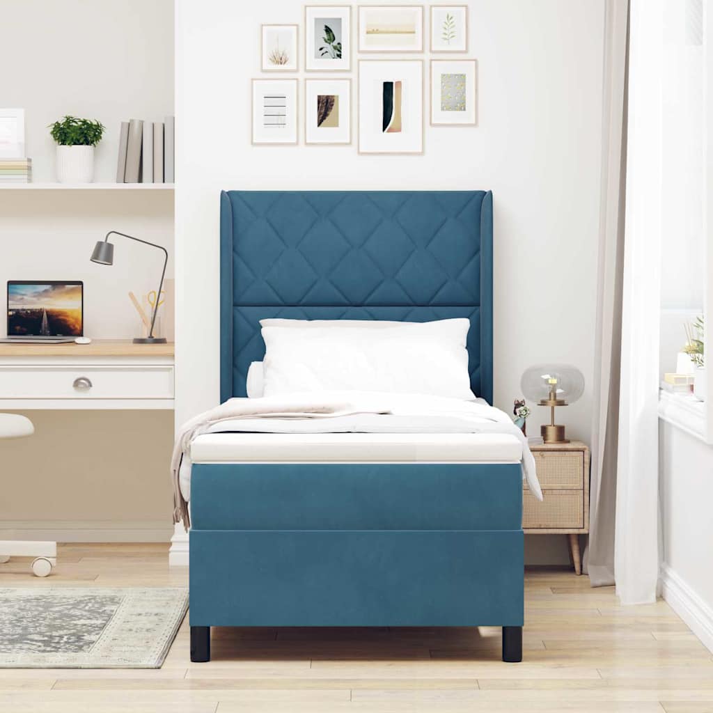 Box spring seng med LED-lysstrimler Blå 90 x 200 cm Fløjl