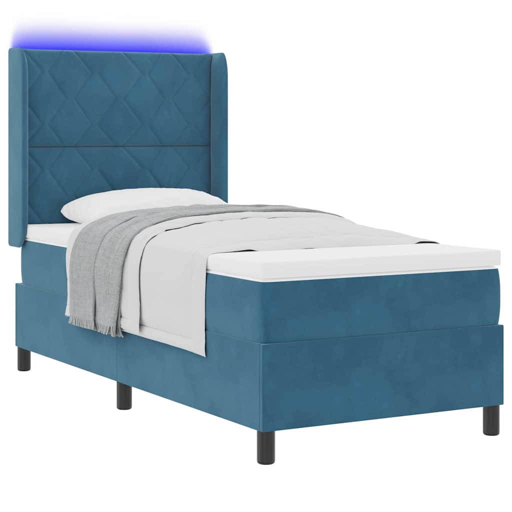 Box spring seng med LED-lysstrimler Blå 90 x 200 cm Fløjl