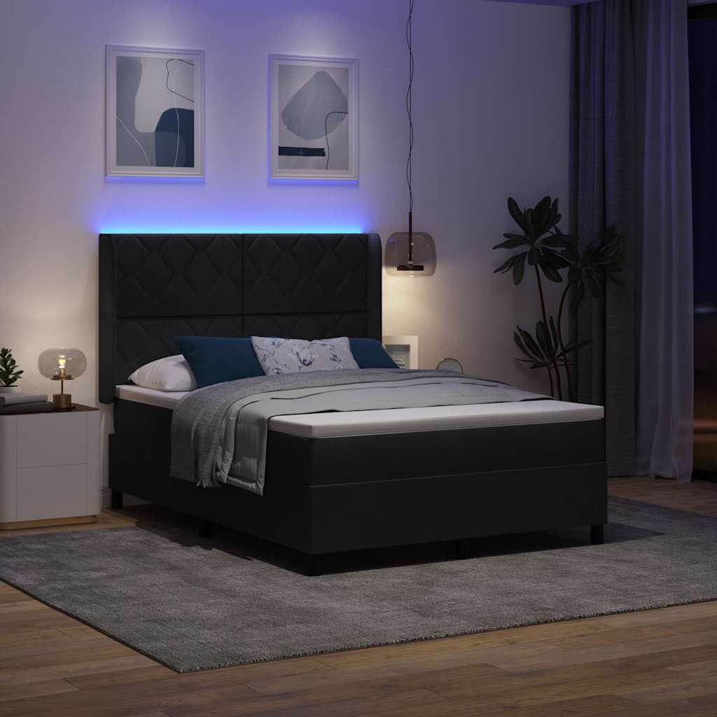 Box spring seng med LED-lysstrimler Sort 140 x 200 cm Fløjl