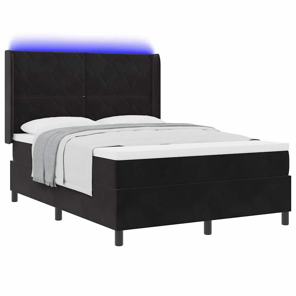 Box spring seng med LED-lysstrimler Sort 140 x 200 cm Fløjl