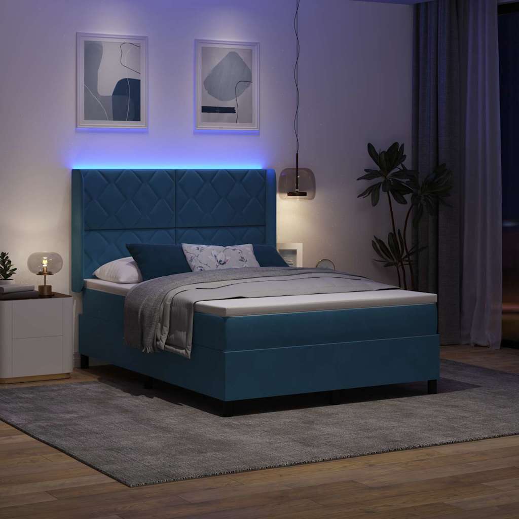 Box spring seng med LED-lysstrimler Blå 160 x 200 cm Fløjl